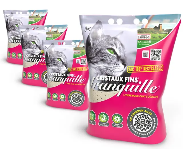 Tranquille - Litière pour Chat Silice Cristaux Fins + Charbon Actif – Ultra Absorbante & Anti-Odeur – Lot de 4 x 3,70L – Litière Hygiénique sans Poussière – Confort Chat & Fraîcheur Intérieure