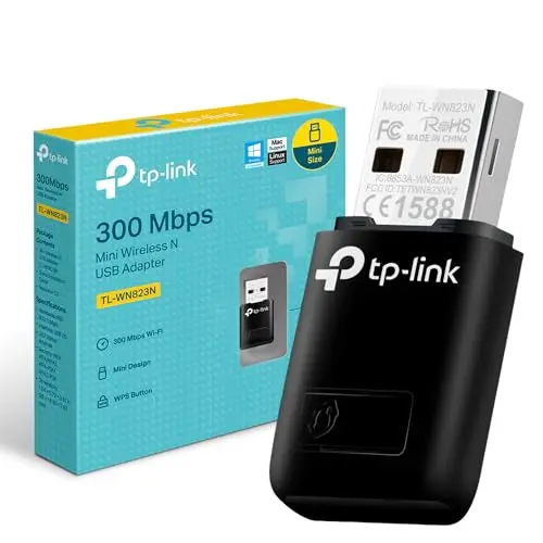 TP-Link Clé WiFi Puissante N300 Mbps, Mini Adaptateur USB WiFi, dongle WiFi, Bouton WPS, Compatible avec Windows 11/10/8.1/8/7/XP, Mac OS 10.15 et Versions antérieures, Linux, Noir, TL-WN823N