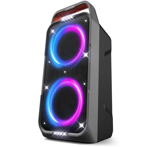 Foxdawn Enceinte Bluetooth Puissante Portable, 240W Peak Haut Parleur Bluetooth, Super Bass, 20H, avec Lumières LED, BT5.3, USB/TF/AUX/MIC & Guitare in, pour Party, Camping, Jardin