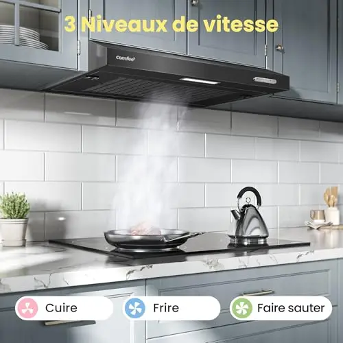 COMFEE'SLIF17B-60 LED,Hotte aspirante 60 cm, sous comptoir, 2 modes d'aspiration - 3 niveaux de vitesse - Noir