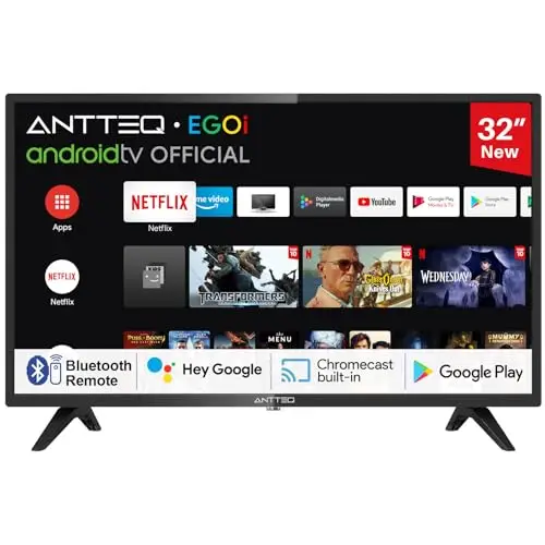 Antteq AG32H3 Smart TV 32 Pouces Bluetooth (80cm), HDR10, Google Assistance, Triple Tuner (DVB-C/S2/-T2), Google Play Store, WiFi, Dolby Audio