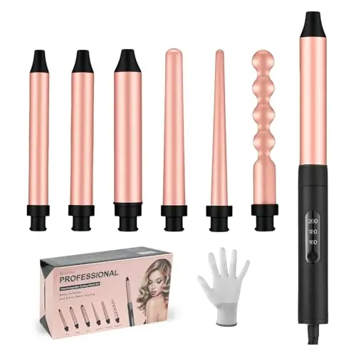 Flintronic Fer à Boucler, 6 en 1 Boucleur a Cheveux, 160/180/200°C PTC Boucleur Céramique, Température Réglable, Fer à Friser avec Gant/LCD, Fer à Ondes pour Cheveux Longs Courts Fins et Epais