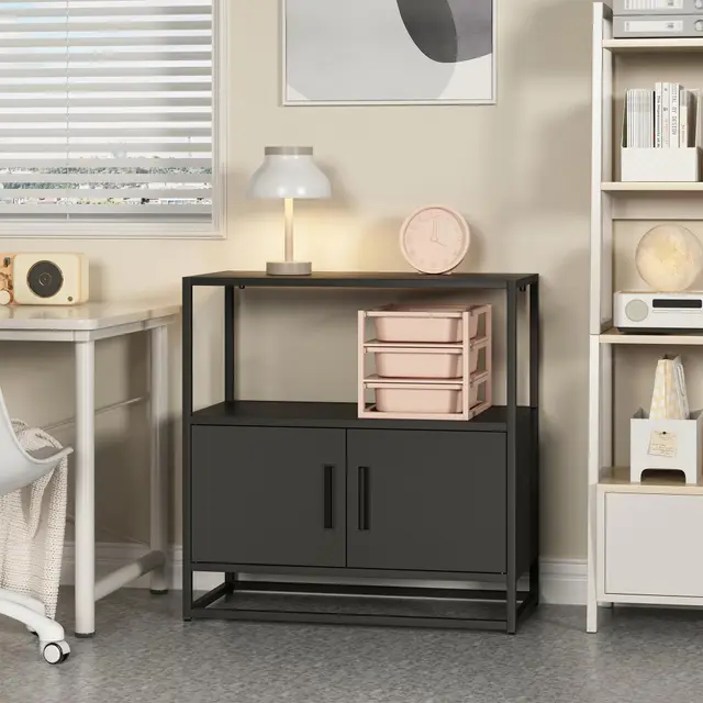 [en.casa] Armoire de Bureau Métallique avec 2 Portes et Étagère Supérieure Meuble de Rangement Casier Fermeture Magnétique pour Classeurs Documents Salon Entrée Acier 75 x 80 x 40 cm Noir
