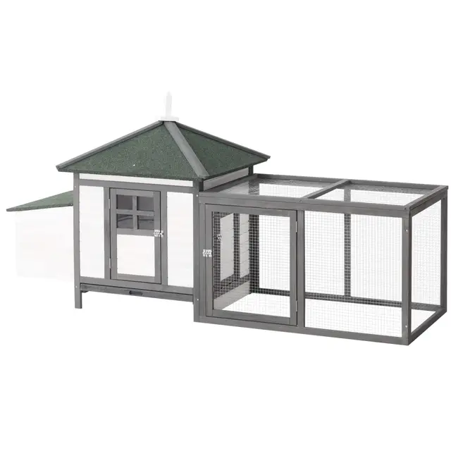 PawHut Poulailler Cottage Multi-équipement perchoir Rampe pondoir enclos tiroir à déjection 196L x 76l x 97H cm Bois Massif pin Gris Blanc
