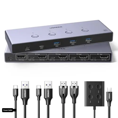 UGREEN Switch HDMI KVM 8K 60Hz 4K 240Hz 4 Entrées 1 Sortie avec 4 Ports USB 5Gbps 3A1C pour Clavier Souris Disque Dur Commutateur KVM Switch USB avec Contrôleur de Bureau et Câbles HDMI Inclus