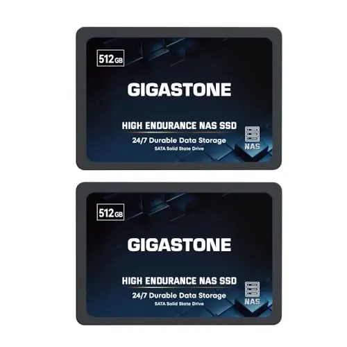 Gigastone SSD 512Go (Lot de 2) SATA 2.5" Haute Endurance 550Mo/s, Idéal NAS | Cache SLC/TLC: Écritures fluides, stabilité 24/7. Optimisé RAID: Certifié NAS. Garantie 5 ans.