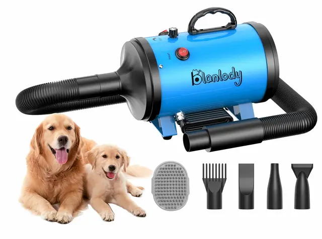 Pulseur pour Chien Blower - Très Silencieux - 4,5 CV / 3200 W - Moteur réglable - Souffleur de Soins pour Chien avec 4 Buses différentes - Tuyau élastique et Brosse d'entretien