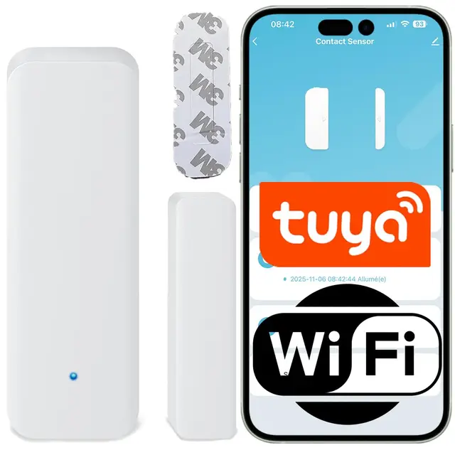 Sone Smart One Détecteur Ouverture de Porte WiFi 2,4 GHz – Capteur Porte et fenêtre Tuya/Smart Life, Compatible Alexa et Google Home Via app, Alarme, sans hub – 2 Piles AAA Non incluses