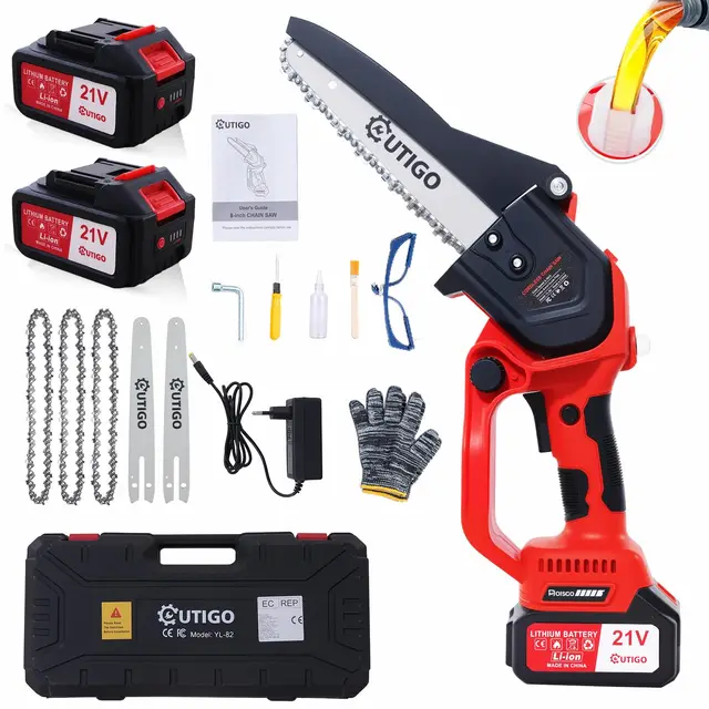 OUTIGO Tronçonneuse à batterie, 8 pouces, 2 * 4000mAh Akku, MINI Tronçonneuse sans fil, 4chaînes+3 barres de guidage de chaîne (8C)