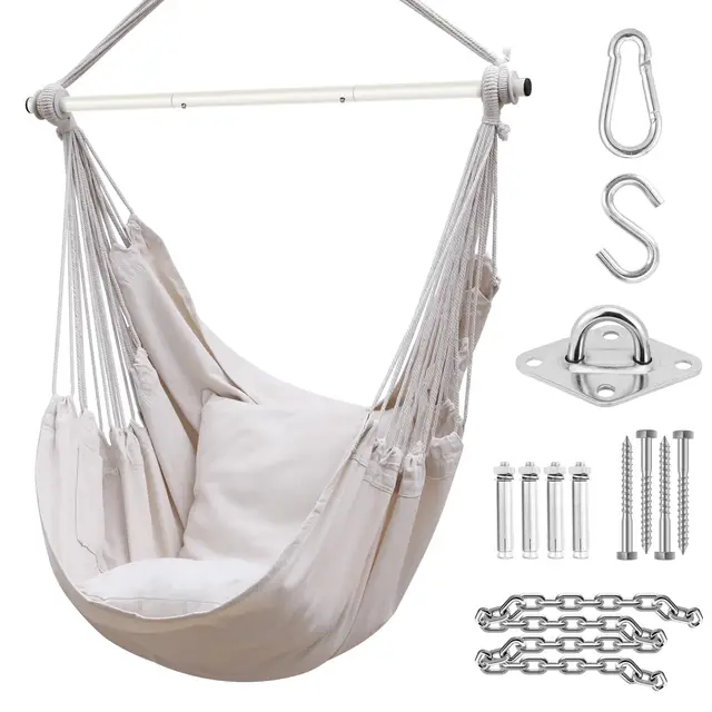 Ohuhu Fauteuil Suspendu Exterieur avec 2 Coussins, Chaise Suspendue Balançoire de Relaxation, Fauteuil Suspendu Interieur Adapté à Tout Décor, Chaise Suspendue Facile à Assembler, Beige
