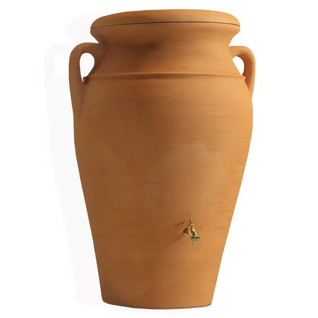Réservoir d'eau de pluie Helena Amphore 300 litres Terracotta en matériau résistant aux UV et aux intempéries Tonneau d'eau de pluie avec couvercle de sécurité enfant et filetage en laiton de qualité
