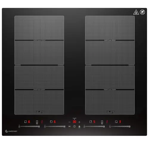 AMZCHEF Plaque Induction 4 Feux avec Deux Zones Flexibles, Plaque de Cuisson Induction 4 Zones avec Fonctionnement Silencieux (42dB), 9 Niveaux et Booster, Barbecue, Pause et Maintien au Chaud, 7400W