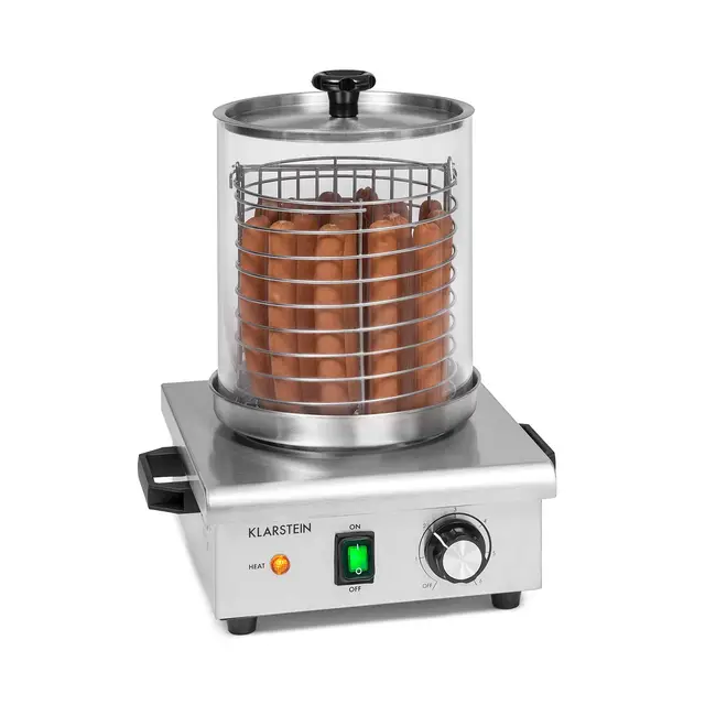 Klarstein Pro Wurstfabrik 450 Hot Dog Maker professionnel : 450W, 30-100 °C, cylindre en verre: Ø 20 cm, cage en inox: Ø 17 cm / 5 litres, acier inoxydable, réservoir à eau : 1,1 litre, argent