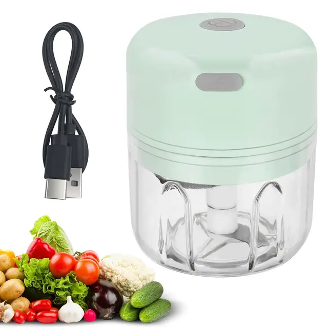 Hachoir Électrique 250 ml, Mixeur Hachoir Rechargeable USB, Portable Mini Coupe Legumes avec 3 Lames en Acier Inoxydable pour Oignon, Ail, Viande, Légumes et Les Fruits (Vert)