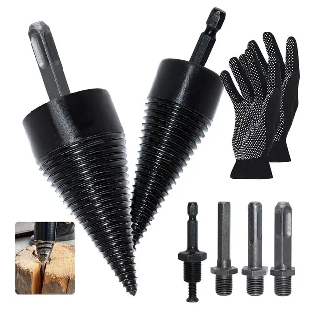 Fendeur de Buche 42mm + 32mm Foret de Fendage de Bois avec 4 Poignées de Perçage, Foret Conique pour Coupe-Bois, Fendeuse de Bûches