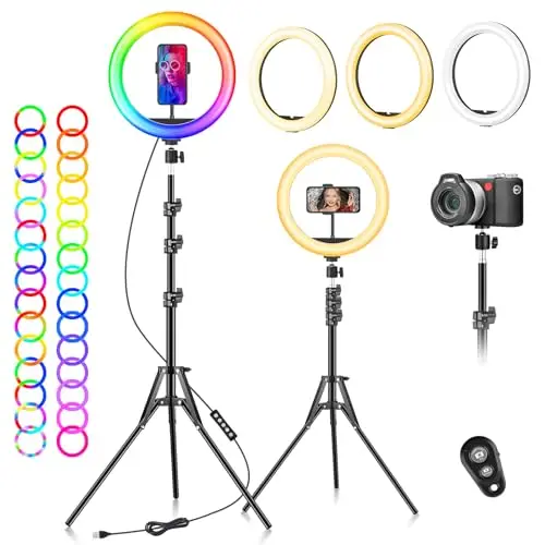 Ring Light avec Trépied Professionnel Selfie - 10" Anneau Lumineux 40 RVB Mode 13 Niveaux LED Lampe Trepied Telephone Grand Red Light sur Pied Lumiere Photo pour Smartphone Video Eclairage