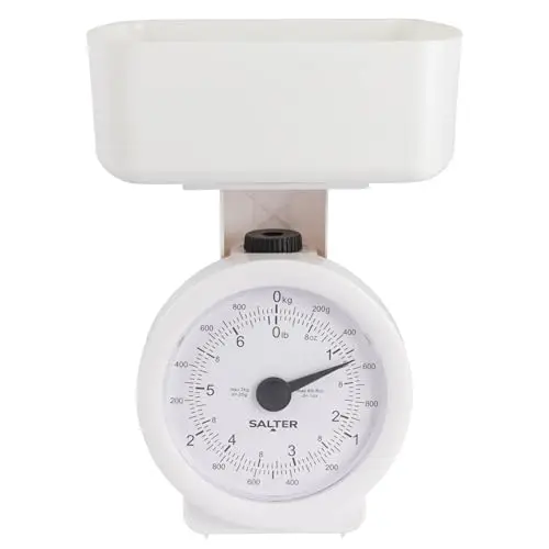 Salter Balance Analogique de Cuisine Mécanique avec Bol, Capacité 3KG, Mini Pèse Aliments avec Affichage Aiguille, Poids Précis au Gramme, Facile à Lire, Design Peu Encombrant, Sans Pile, Blanc