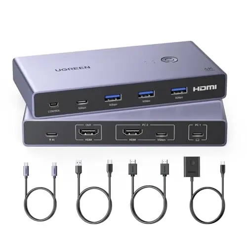 UGREEN KVM Switch HDMI USB C 4K 60Hz 2 Entrées 1 Sortie avec 4 Ports USB 3.0 3A1C 5Gbps Commutateur KVM Compatible avec MacBook PS5 Ordinateur Hôte Steam Deck, Câble HDMI et Câble USB-C Vidéo Inclus