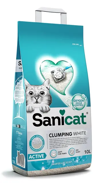 Sanicat - Litière pour Chats Ultra-agglomérante Blanche - Parfum de Savon de Marseille, Fabriquée à partir de minéraux naturels avec contrôle d'odeur Garanti, Capacité de 10 L
