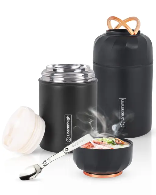 Dreamhigh® Thermos Alimentaire Chaud 550 ml, En Acier Inoxydable Boîtes Alimentaires Isothermes Avec Cuillère, Lunch Box Isotherme pour adultes & enfants, sans BPA, pour Ecole, Bureau, Camping (Noir)