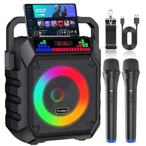Machine Karaoké, Enceinte Bluetooth Portable avec 2 Microphones sans Fil pour Adultes et Enfants, Lumières RGB, Microphone Karaoké avec Système PA, USB/TF/AUX - pour Fêtes à la Maison et en Extérieur