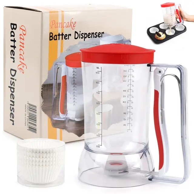 Distributeur de Pâte à Crêpes 900 ml Distributeur de Pâte à Gâteau avec Couvercle et Graduation avec 100 caissettes en papier pour Cupcakes Crêpes Muffins Gâteaux Gaufres
