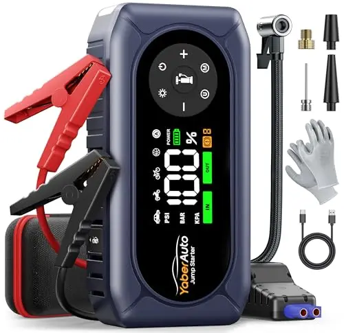 9 en 1 Booster Batterie Voiture 6000A, 12V Démarreur Voiture avec Compresseur 150PSI, Booster Batterie avec Lampe LED 500 Lumens à 4 Modes et Ecran LCD 3,3''(Tout Gaz ou 10L Diesel)