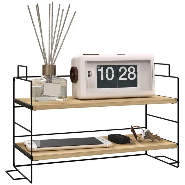 HOMCOM Organisateur de Bureau, étagère de Rangement de Bureau à 2 Niveaux, étagère en Bois et Structure métal Noir, 42 x 16,5 x 24,5 cm