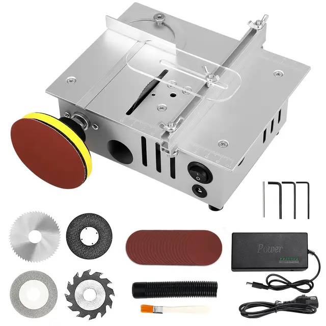 Mini Scie Circulaire de Table avec 4 lames, 96w Scies Circulaires à Table électriques Portable, Angle Réglable Scie sur Table avec Volet de Sécur, pour modélisme, entreprises artisanales, DIY