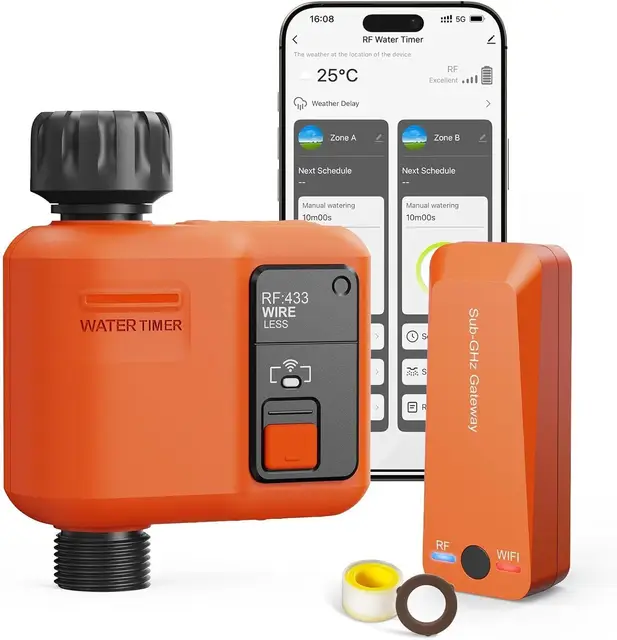 Programmateur Arrosage WiFi avec Passerelle 300 Meters RF, Pénétration de mur épais,Minuteur Arrosage Automatique avec Alexa et App,Retard Pluie Minuterie D'irrigation et Arrosage à Distance