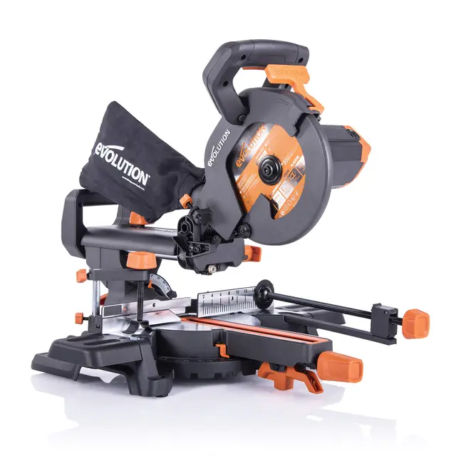 Evolution Power Tools Scie à Onglet Coulissante avec Caractéristiques PLUS - 0-45˚ Biseau, 50-50˚ Onglet - Coupe Multi-Matériaux - Le Bois, Le Plastique, Le Métal Lame Incluse 210mm - R210SMS+