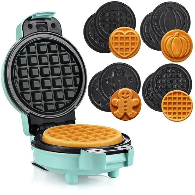 LEHMANN Mini Gaufrier avec Plaques Interchangeables, 4 Rond Formes : Cœur, Classique, Citrouille, Pain d’Épices, Revêtement Antiadhésif sans BPA, Petit Appareil à Gaufres pour Fêtes, Menthe