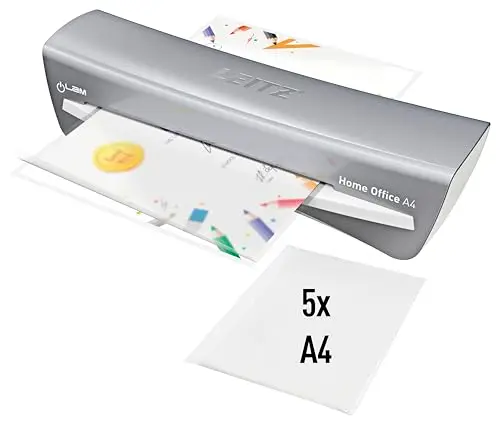Leitz iLAM Home Office - Plastifieuse A4 pour la Maison, Préchauffage Rapide en 3Minutes, Pochettes de 75-125 Microns, Lot de Pochettes pour Plastifieuse A4 Inclus, Coloris Gris, 73680089