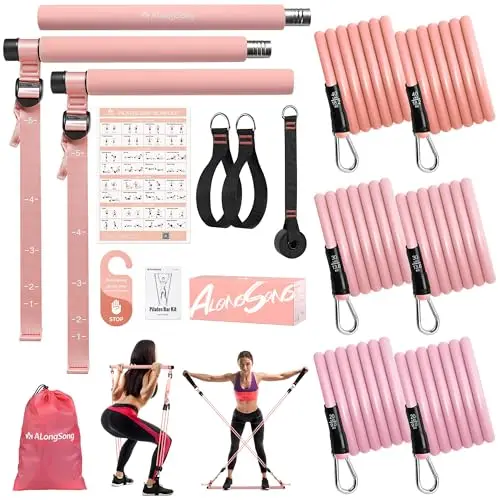 ALongSong Elastiques Musculation Sport Maison - Kit Barre de Pilates pour Homme Femme avec 6 Bandes de Résistance Élastique 20-180Lbs & Ancrage de Porte pour Complet Entraînement Yoga/Musculation