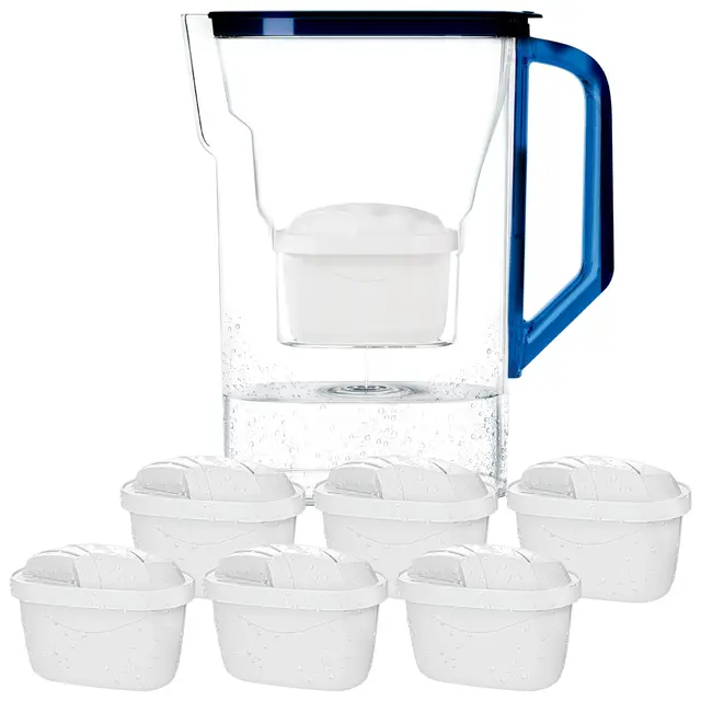 Wessper Carafe Filtrante avec Filtre, Carafe pour porte de réfrigérateur 2,7 L, Cartridges avec Charbon Actif et Résine échangeuse d'ions, Pitcher set set de 6 Filtres - Bleu