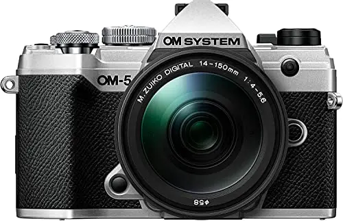 Om System Om-5 Micro Four Thirds Systemkamera INCL. M.Zuiko Digital 14-150mm F4-5.6 II Objectif, 20 MP Live MOS-Capteur, Stabilisation d'image 5-Axes Optimisée, IP53, Noir/Argent