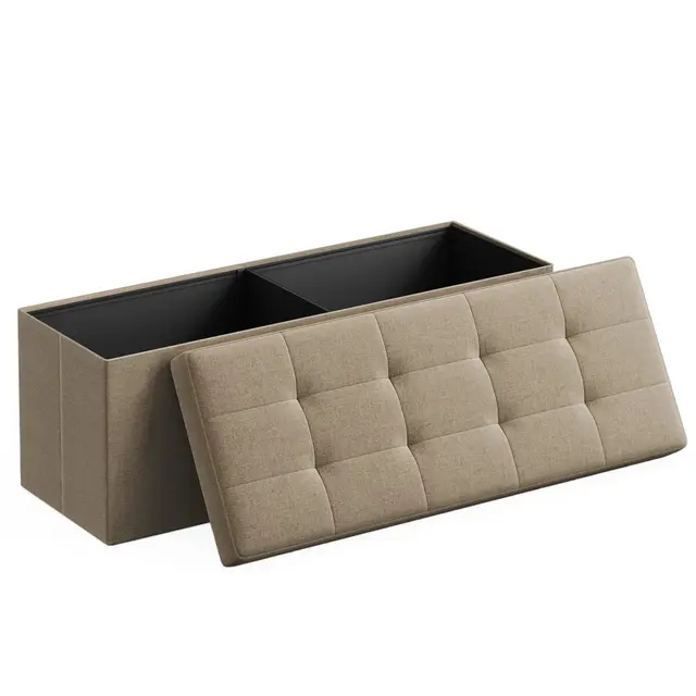 SONGMICS Mazie Collection - Banc de Rangement, Repose-Pieds Pliable de 110 cm, Bout de Lit, Montage Facile, pour Salon, Chambre, Entrée, Marron Camel LSF077R01