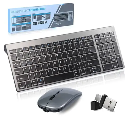 Advanced Wireless Tastatur und Maus Combo, DREI Modi 5 in1(Bluetooth*3+2.4G+USB-C), Leise Wiederaufladbare Ultraslim, US QWERTY Layout Funktastatur für Computer/Desktop/PC/Laptop/Notebook Windows