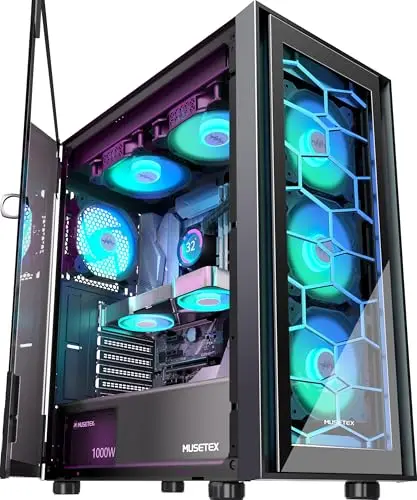 MUSETEX Boitier PC ATX, 6 Ventilateurs PWM ARGB pré-installés, Boîtiers pc Informatique avec Double Verre trempé, USB 3.0 x 2 Boitier pc Gamer Mid Tower, Noir, G07