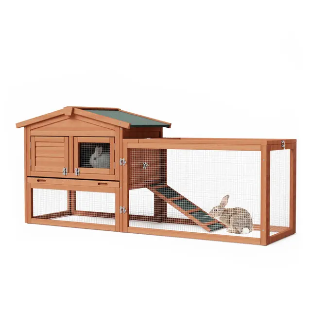 Wiltec Clapier XXL – 1560 x 520 x 680 mm – 2 étages – Toit bitumé – Bois Sapin – avec Maisonnette superposée, Rampe, Enclos et bac Amovible – Abri Cage rongeurs Lapinière Nichoir Espace Libre