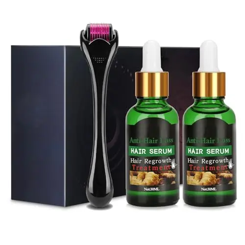 Dermaroller Set de micro-aiguilles professionnelles en titane avec 1 jeu de sérum de croissance des cheveux, anti-chute de cheveux, 1 jeu d'aiguilles professionnelles en titane de 0,5 mm