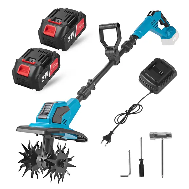 Motobineuse Électrique avec 2 Batteries 4000mAh, Rotavator Jardin sans Fil 360RPM, Motoculteur Portable pour Jardin et Potager, Profondeur 17cm, Largeur 23cm
