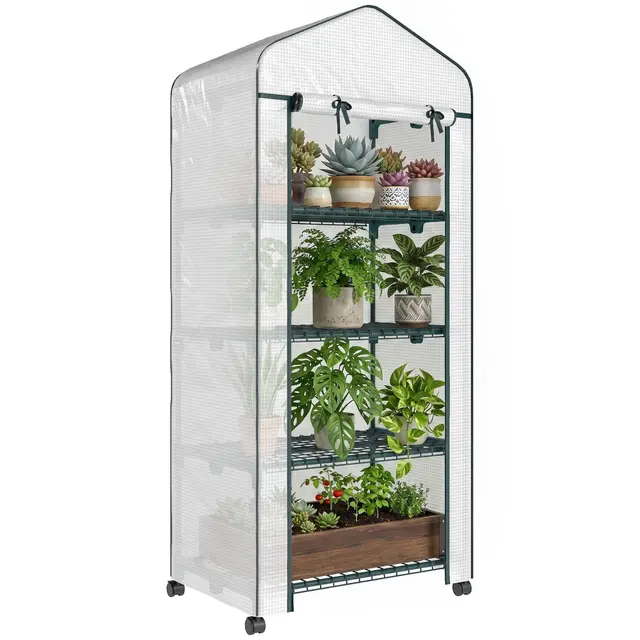 Outsunny Serre de Jardin avec étagères 4 Niveaux, Serre de Balcon, bâche renforcée, châssis en Acier, Porte zippée, pour légumes Plantes Fleurs, intérieur et extérieur, 69 x 50 x 165 cm, Blanc