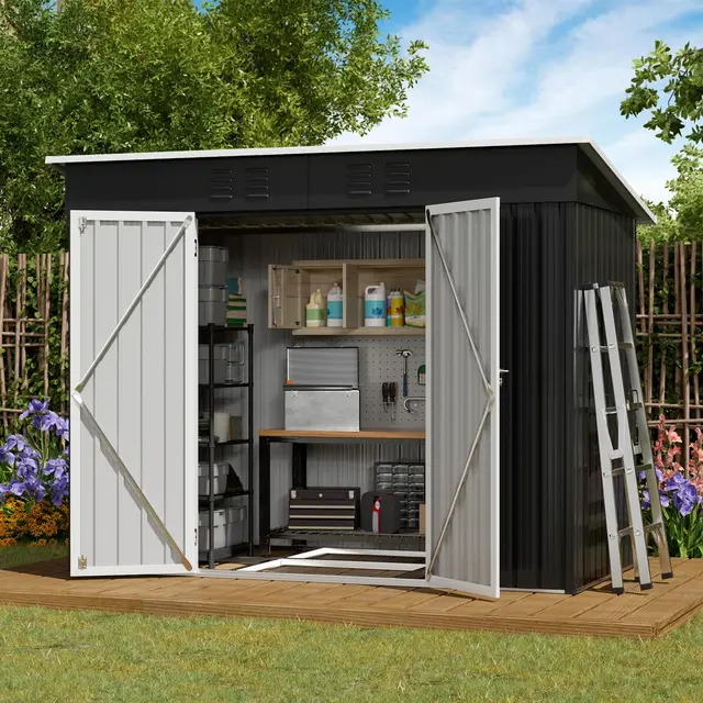 Amopatio Abri de Jardin Métal, Cabane de Jardin Extérieur en Acier Galvanisé, 228 x 109 x 181 cm, Armoire de Rangement Étanche pour Arrière-Cour et Patio, Noir