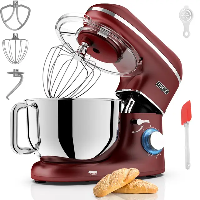 Robot Pâtissier – 2000W – Bol mélangeur en acier inoxydable (6,2L) – Avec fouet, Crochet pétrisseur et Batteur plat – Incl. et accessoires supplémentaires (Rouge)
