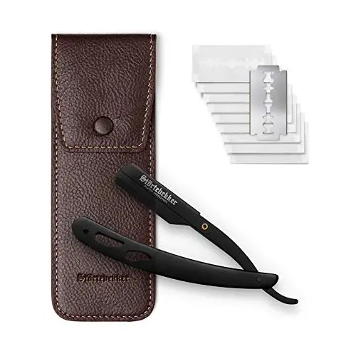 Rasoir de barbier avec étui en cuir fait main + stylo en pierre d'alun & 10 lames Astra - rasoir humide de qualité supérieure (Noir - Café)