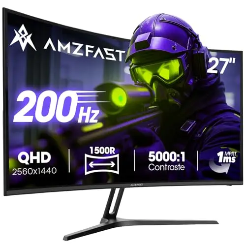 Amzfast Écran PC Gaming 27 Pouces Incurvé, 2K QHD(2560 x 1440), 200Hz Moniteur, 1ms MPRT, 1500R, sRGB 134%, Adpative Sync, HDR400, Eyes-Care,VESA 100 x 100, HDMI 2.1 x 2/DP 1.4 x 2, AMZG27C1Q