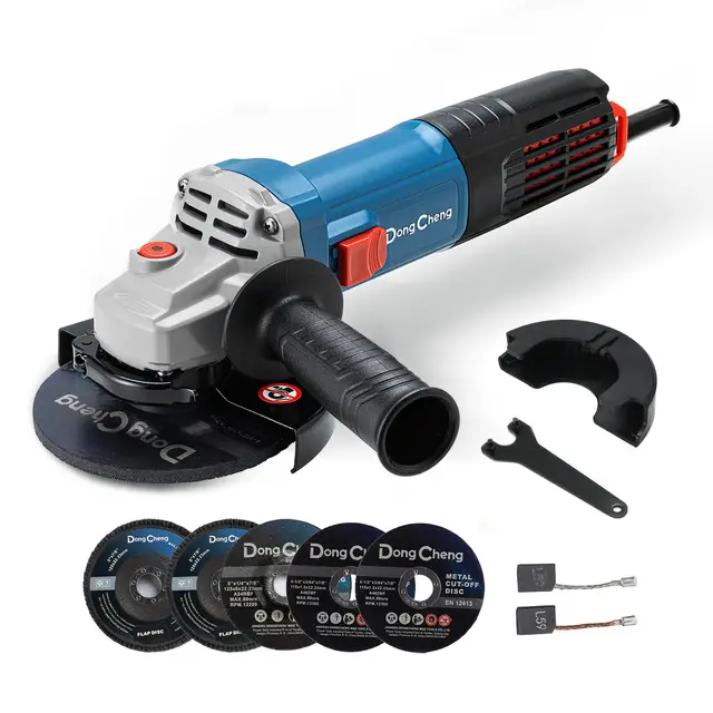 DongCheng Meuleuse d'angle 1100 W, disque-Ø:125 mm, 11 800 tr/min, capot à fixation rapide, poignée supplémentaire, avec 2 disques à meuler, 2 disques à lamelles, 2 disques à tronçonner
