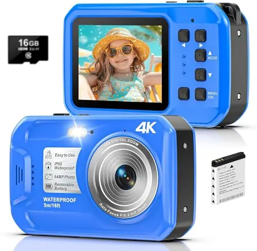 Appareil Photo Etanche Caméra sous-Marine 2,7k Caméra imperméable Full HD 64 MP 16ft pour plongée en apnée, écran de 2,7 Pouces 16x Zoom numérique et Carte de 32 Go