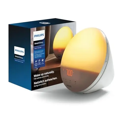 PHILIPS SmartSleep Wake-up Light – Lampe de réveil, Simulation colorée du lever de soleil, 20 niveaux de luminosité, 6 sons naturels, Fonction d’éclairage nocturne, Modèle HF3521/01
